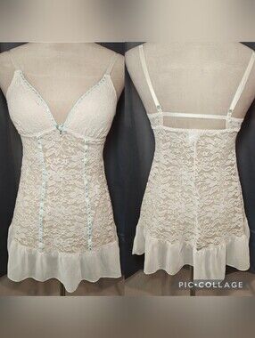 Y2K Apt 9 Sheer Mesh Lace Lingerie Slip Dress w Baby Blue Trim & Center Pendant